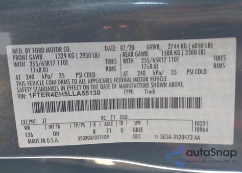 2020 Ford Ranger Lariat z USA, uszkodzony, nr VIN 1FTER4EH5LLA55130